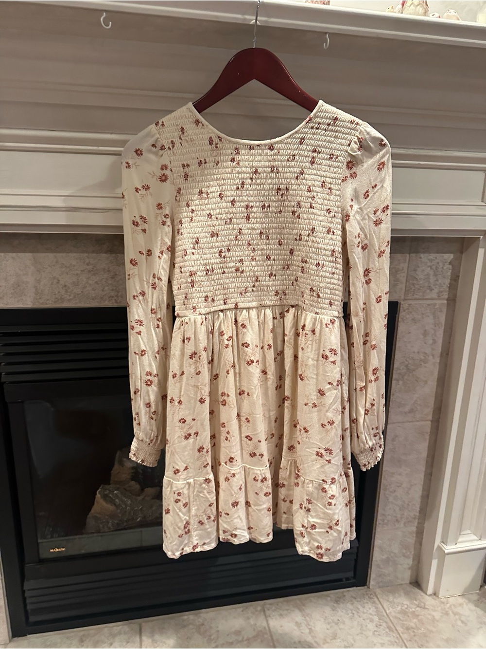 American Eagle Cream Long-Sleeve Floral Smocked Dress Western Prairiecore